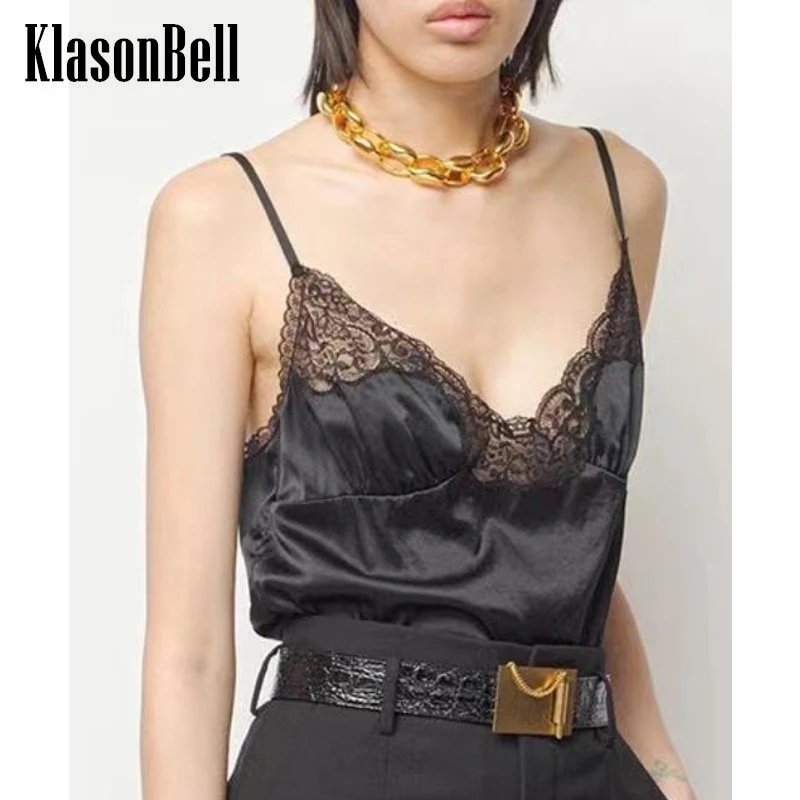 

7.18 KlasonBell Women Fashion Sexy Black V-Neck Spaghetti Strap Lace Patchwork Backless Tank Top