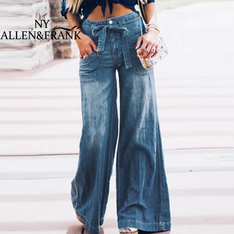 

Women's Retro Flare Pants High Waist Jeans 2021 Fashion Bowknot Washed Wide Leg Pants Blue White Women's Mother's Pants