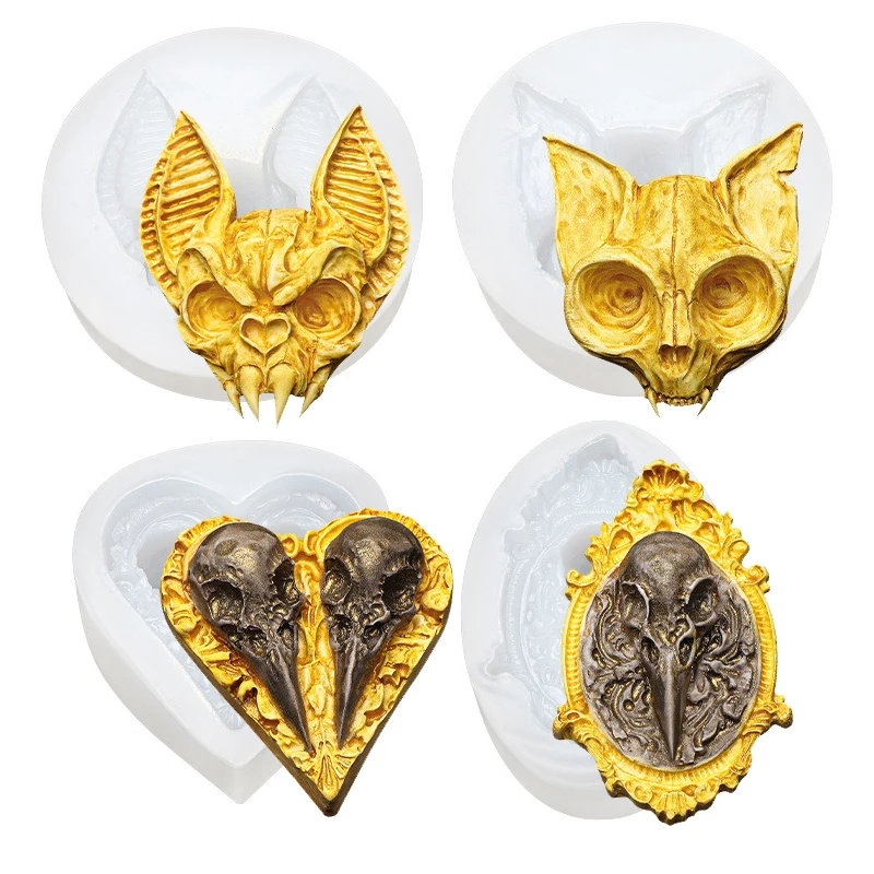 

3D Skull Silicone Mold Pendant Nightmare Before Christmas Bat Crow Head Molde Calavera Craneos Halloween Mould Cake Tools Topper