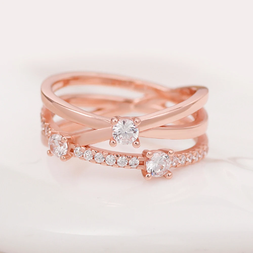 Pandora-Bague Triple Bande de Rotterdam pour Femme, Argent S925, Or Rose Original, Bijoux de Luxe Élégants, Cadeau avec Sac 2
