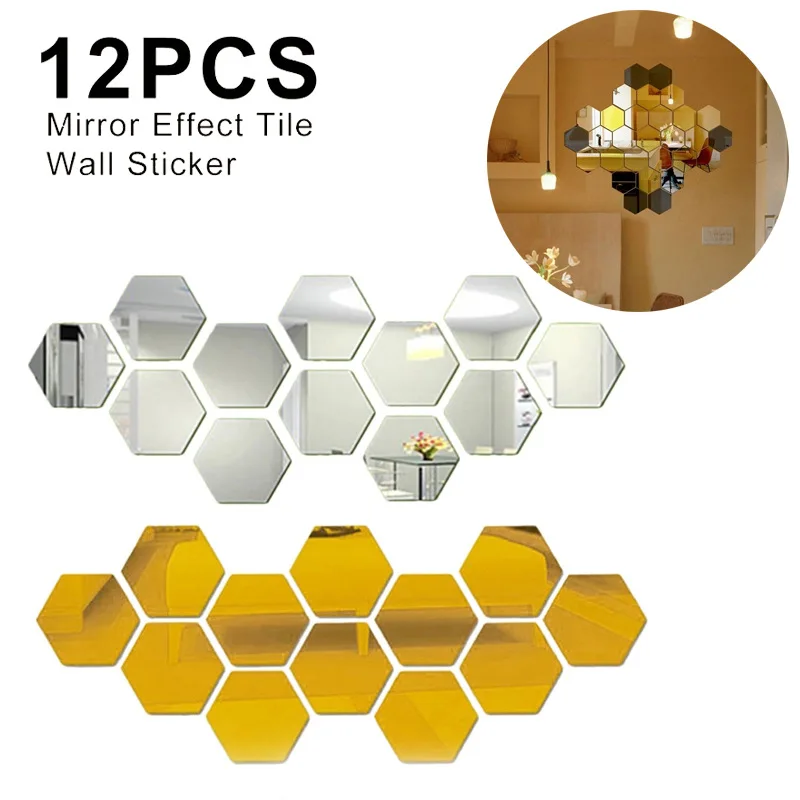 

Acrylic 3D mirror wall sticker 12pcs Silver Hexagon self-adhesive sticker Home background wall DIY landscaping Decor Wallpaper