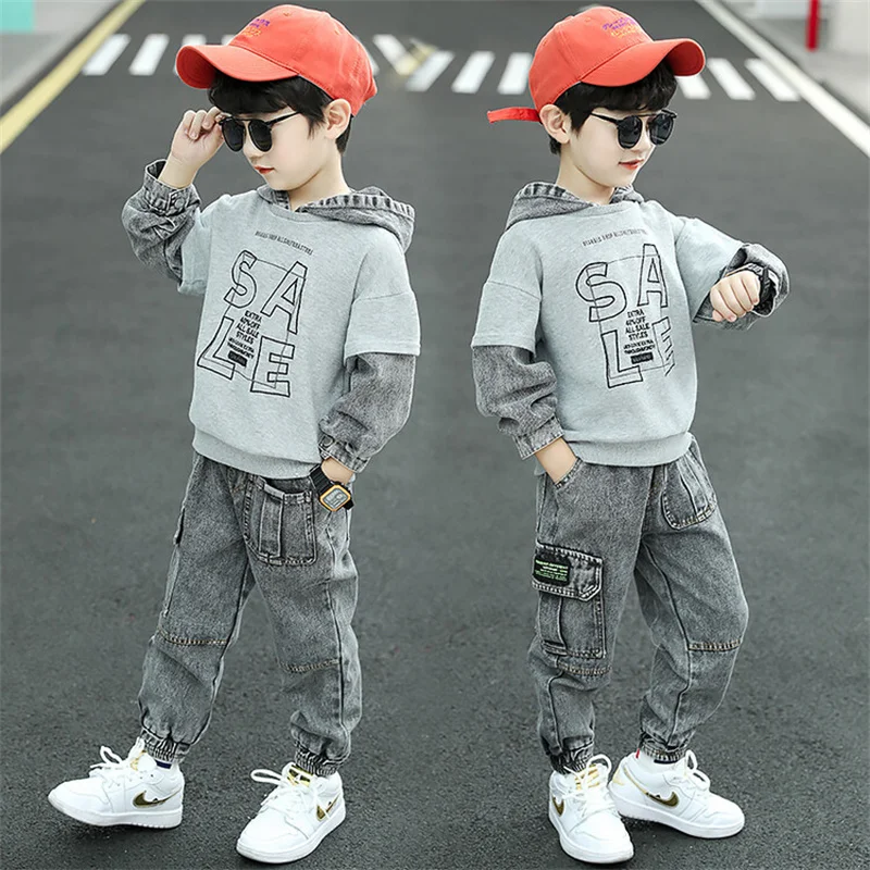 Boys Suit Sweatshirts +Pants Cotton 2Pcs/Sets 2022 Grey Spring Autumn Thicken Kid Sportswear Teenagers Jogging Suit Children Clo