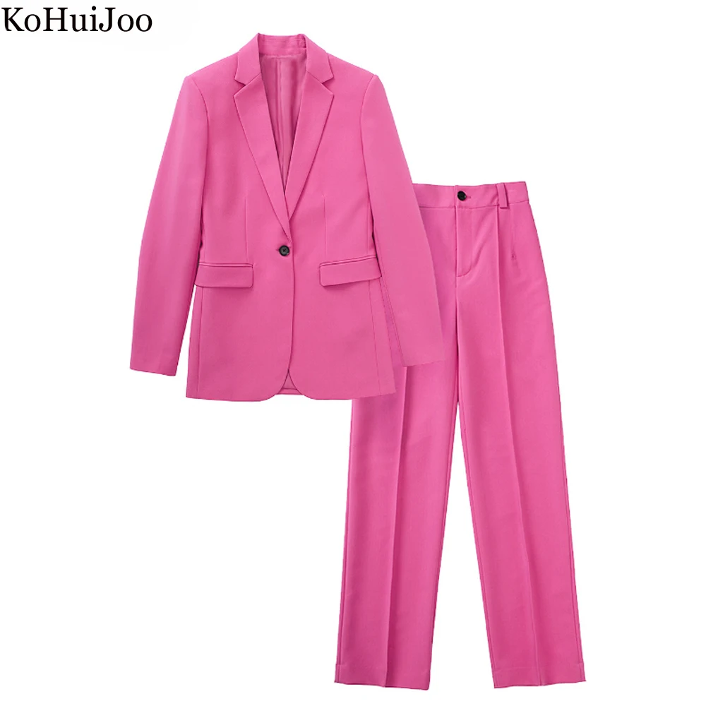 

KoHuiJoo Women 2 Piece Set 2022 Spring One Button Long Sleeve Rose Slim Casual Sui Jacket + Pants Office Elegant Woman Suit