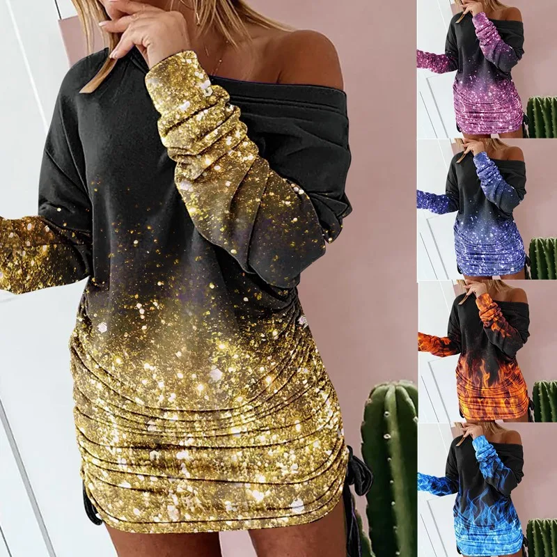 

Aw2021 new women's long sleeve fashion printed drawcord wrinkled dress