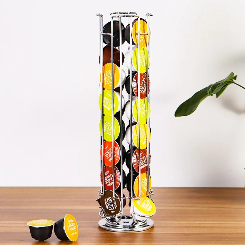 

Coffee Pod Holder Stand Rack Display - Holds 32PCS Coffee Capsules - Plating Black Metal - Rotatable Dolce Gusto Racks