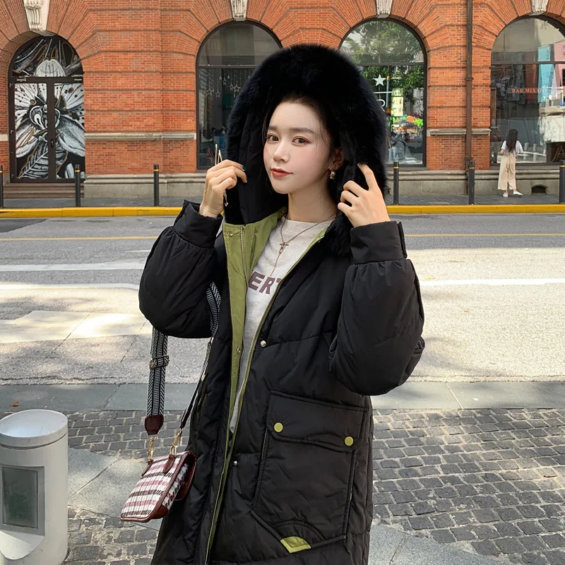 Contrast Color Big Fur Collar Down Cotton Coats Women's Winter Korean Long Fashion Slim Thick Warm Padded Jacket Female Clothing