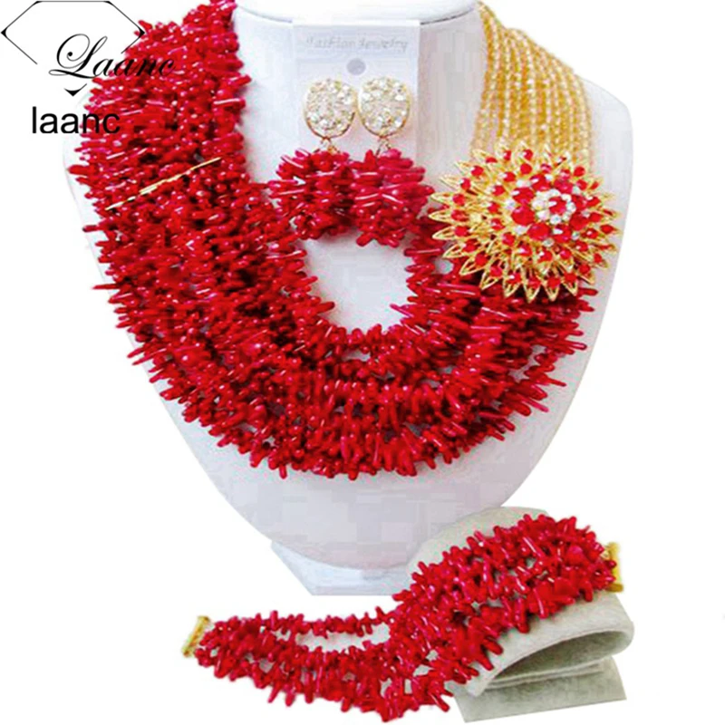 Red Nigerian Wedding Necklace African Coral Beads Jewelry Sets