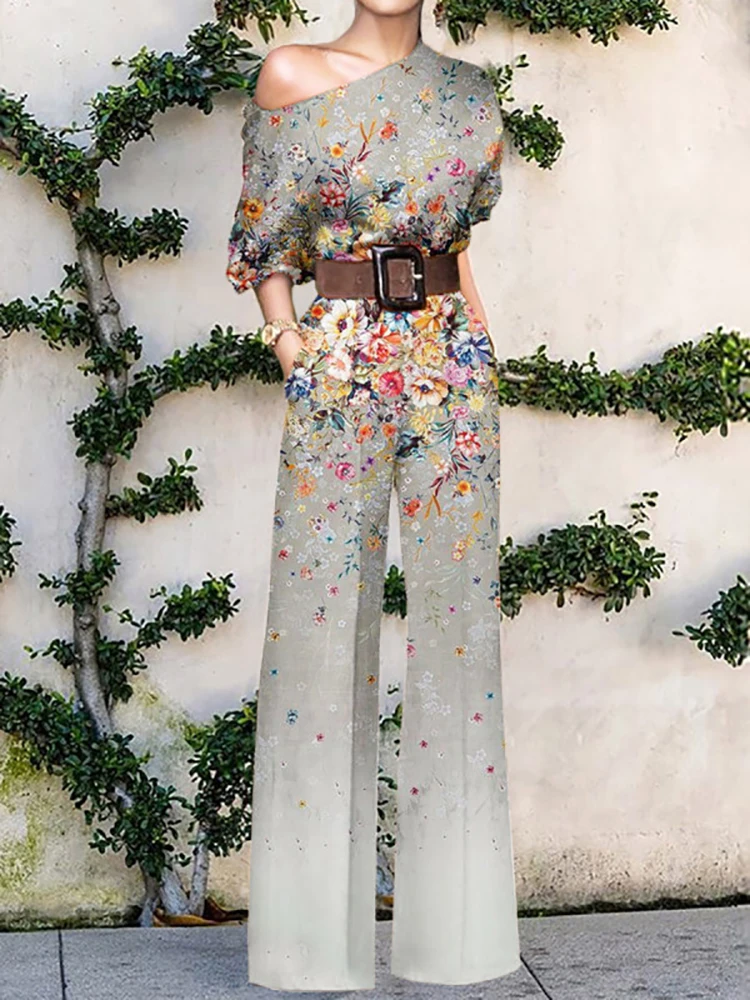 

Sexy Skew Collar Straight Boho Jumpsuit Women Elegant Pattern Print One Piece Romper Spring Summer One Shoulder Beach Overalls