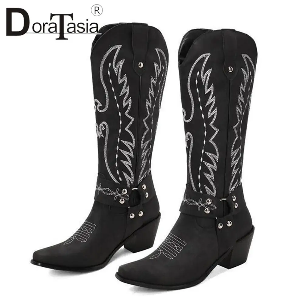 Brand Design Female Vintage Western Boots Fashion Embroider Sewing Chunky High Heels women's Boots Casual Cowgirl Shoes Woman