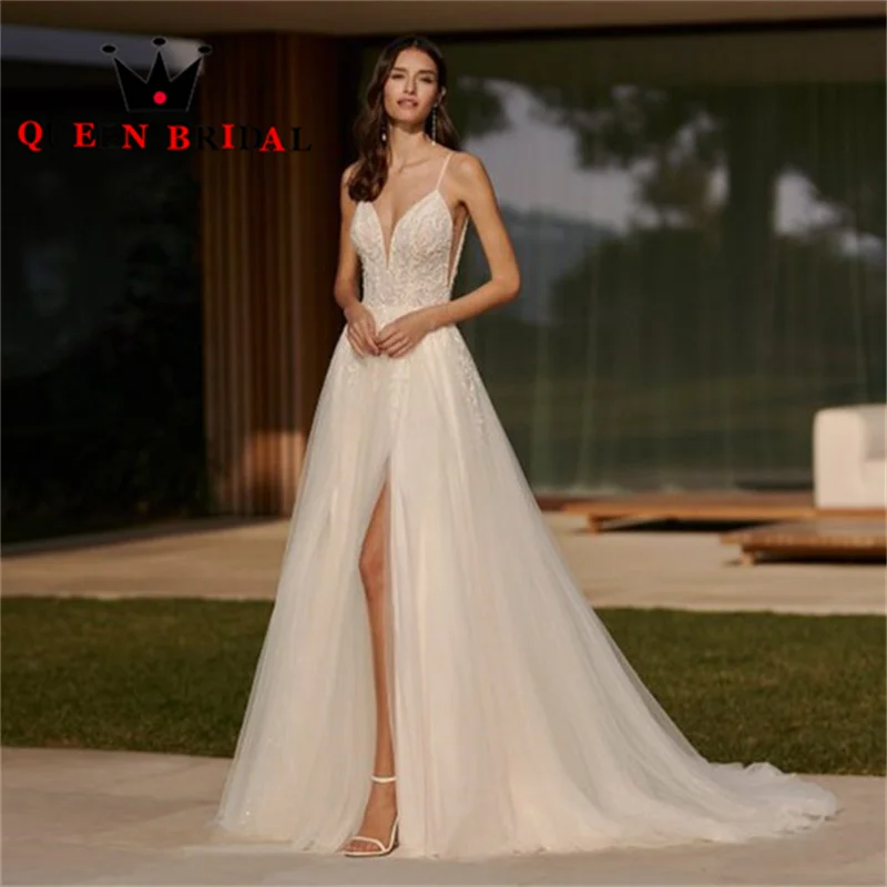 

Сексуальные свадебные платья на бретельках с V-образным вырезом с высоким разрезом сбоку трапециевидная Тюлевая Аппликация Кружевное Свадебное платье для невесты халат на заказ Z18Z