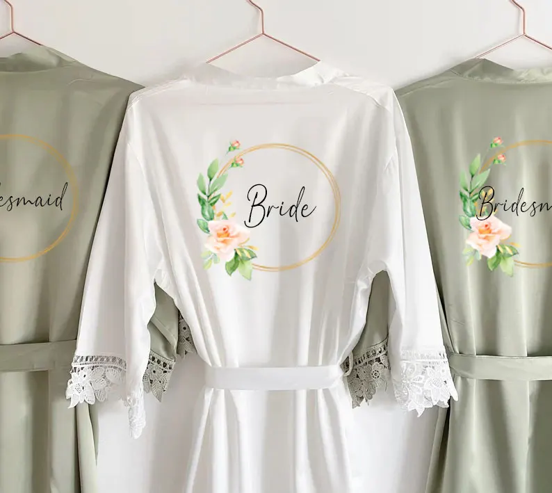 Personalised Bridesmaid Robes Wedding Dressing Gown Foliage Floral Bridal Robes Satin Wedding Satin Lace Detail Bridal Party New