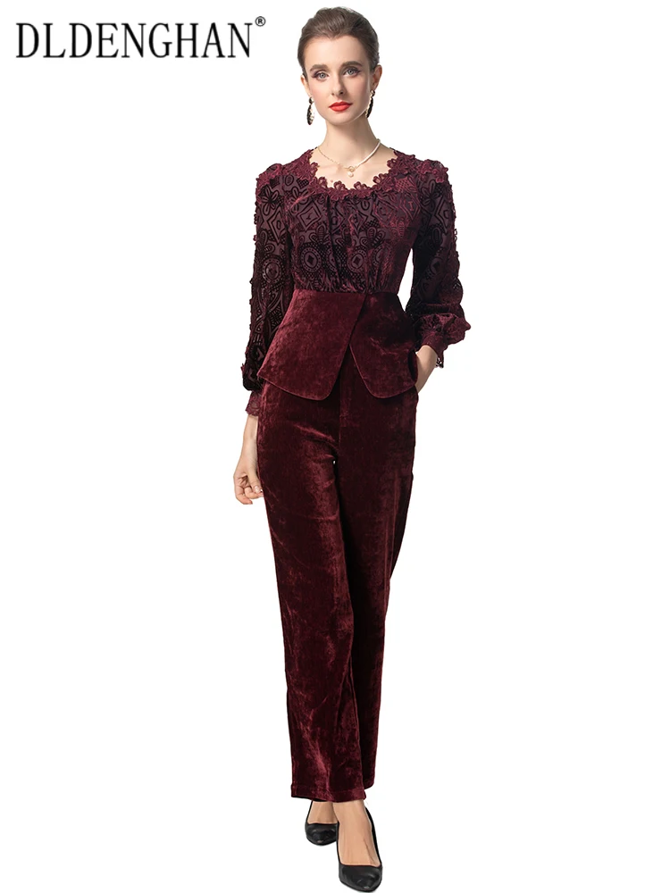 DLDENGHAN Осенний бархатный костюм женский жаккардовый топ с круглым вырезом и