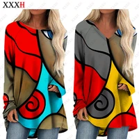 xxxh 2022 multicolor stitching 3d print tshirt long sleeve women tops y2k casual t shirts o neckv neck femme loose streetwear