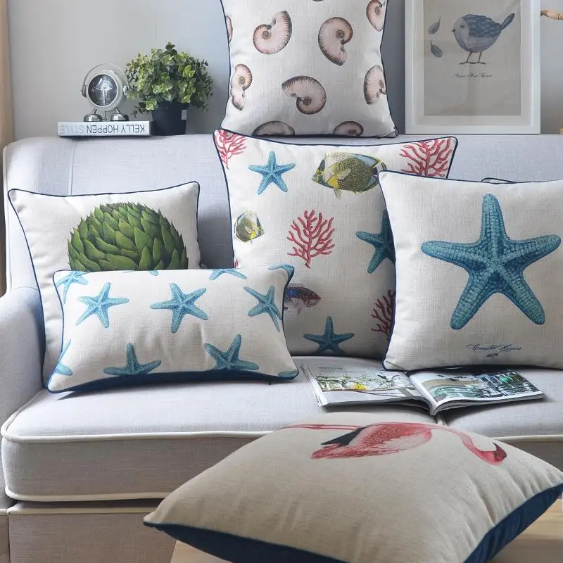 

American Mediterranean Pillowcase Seaweed Starfish Linen Pillow Fish Cushion Waist Throw Pillows Home Decorative Sofa Cushions