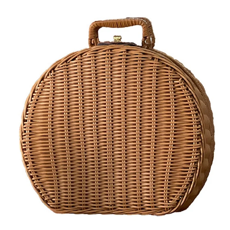 

New Handwoven Picnic Basket Rattan Storage Box With Handles Wicker Handbag Suitcase Vintage