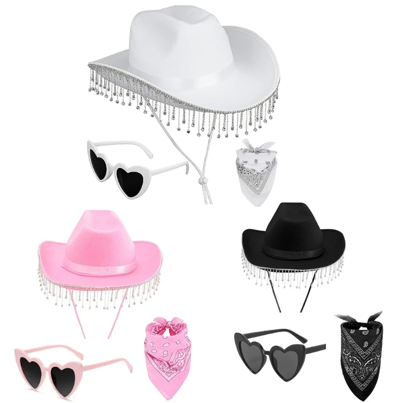 

Ковбойская шляпа с бахромой, бандана и солнцезащитные очки, костюм, комплект для женщин и мужчин, музыкальный фестиваль, костюм,