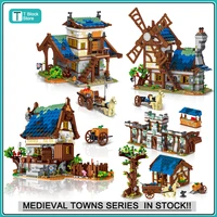 medieval town market architecture models compatible with lego street view modular retro windmill house building blocks toys boys