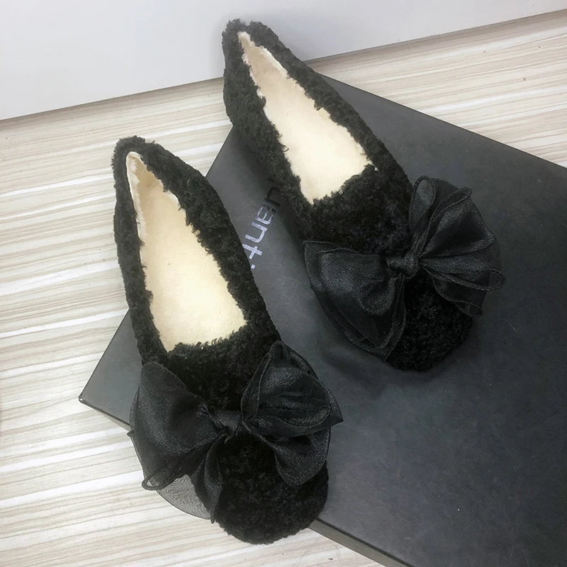 

Женская меховая обувь на плоской подошве с меховой подкладкой и шелковым бантом, Размеры 33-43