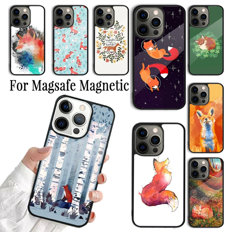Фото Чехол для телефона iPhone 15 14 13 12 Mini 11 Pro Max Plus Magsafe, магнитный чехол с беспроводной зарядкой, милый мультяшный рисунок животных, красная лиса, искусство №1