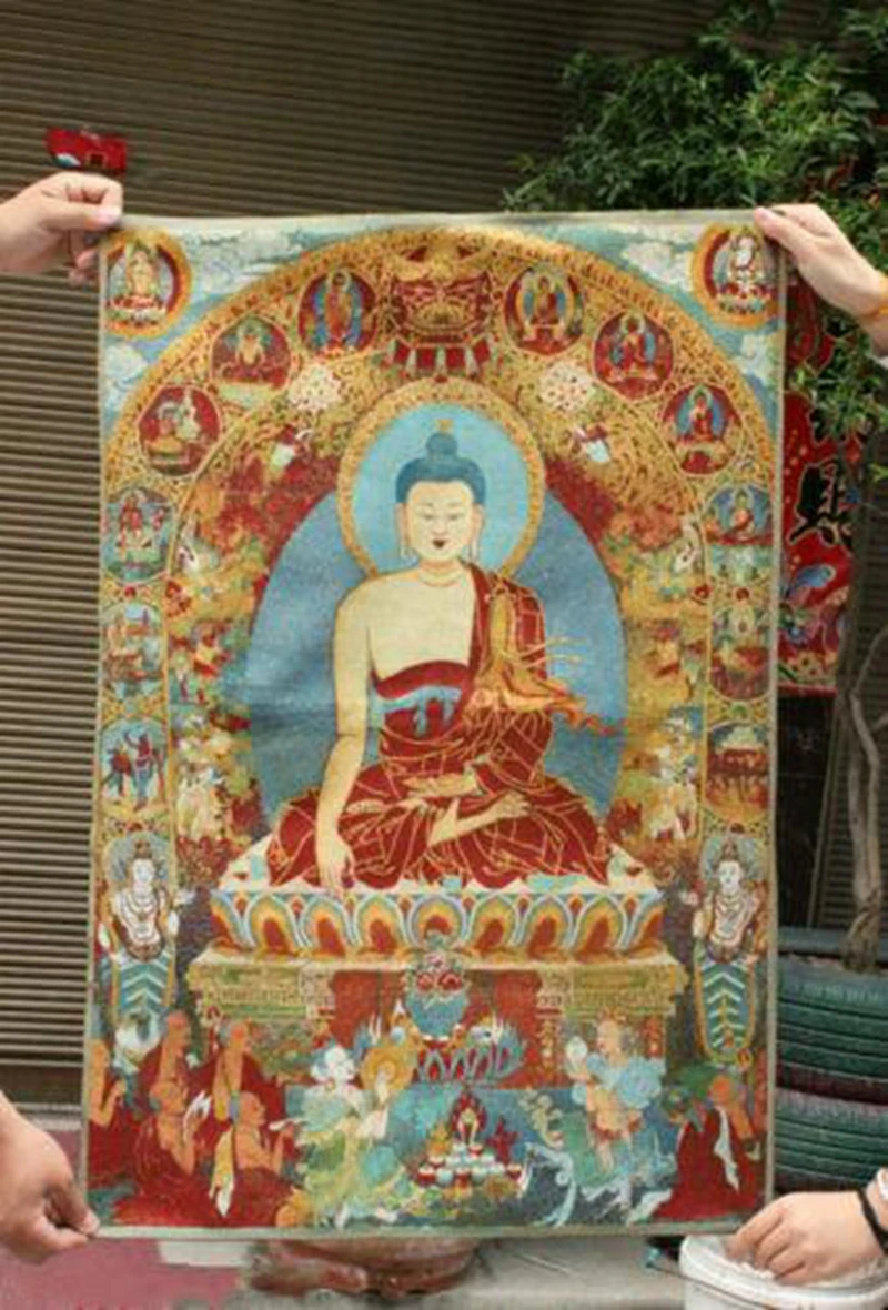 

36" Tibet Buddhism Silk Cloth Red Shakyamuni Buddha Thangka Embroidery Mural