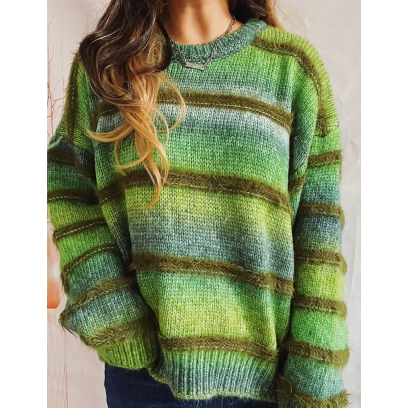 Винтажные вязаные пуловеры с длинными рукавами повседневные зеленые полосатые
