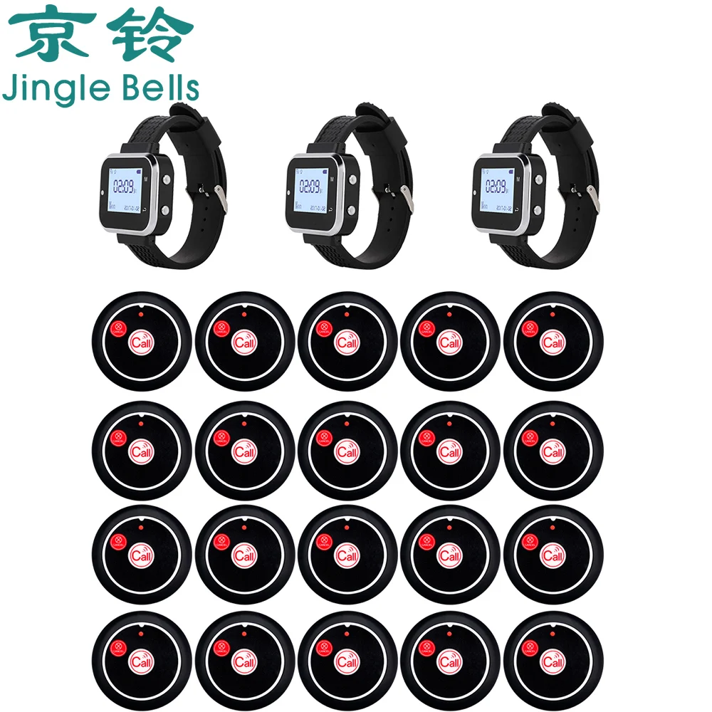 

JINGLE BELLS Wireless Calling System 3 Waiter Wrist Watch Receivers 20 Service Call Buttons for Bar Restaurants Hotel Pager