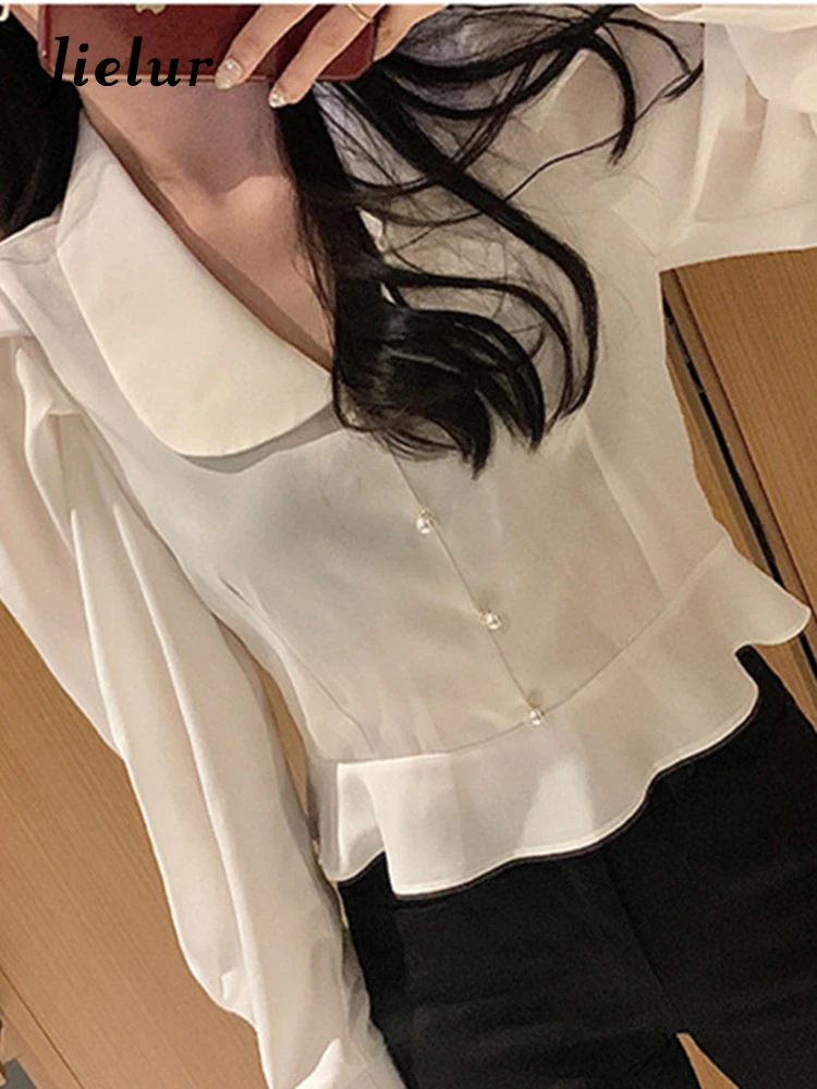 

Spring Ruffled Crop Tops and Blouses Women Cute Chic Korea Solid Peter Pan Collar Single Breasted Button Shirt