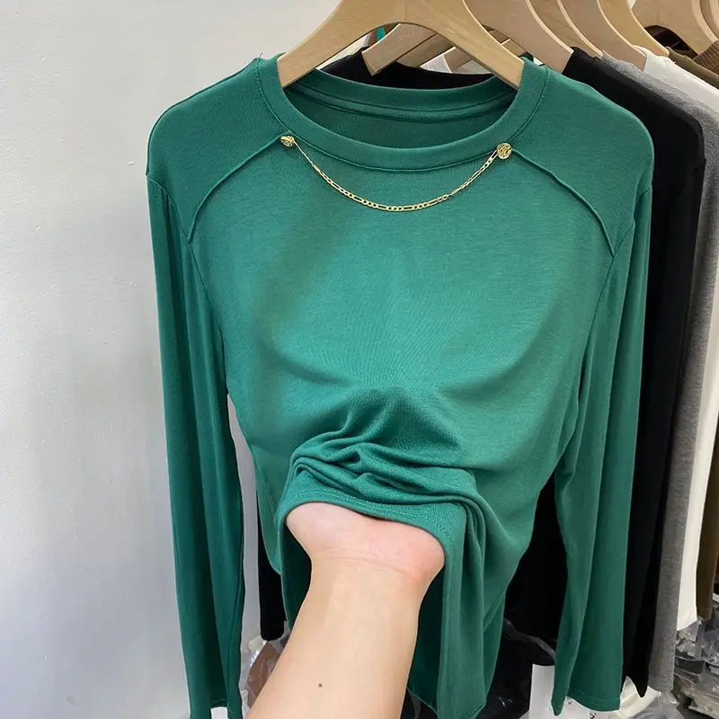 

Spliced Chain Loose Pullovers Women's Clothing 2022 Spring Autumn New Fashion Solid Color Round Neck Commute Long Sleeve T-shirt