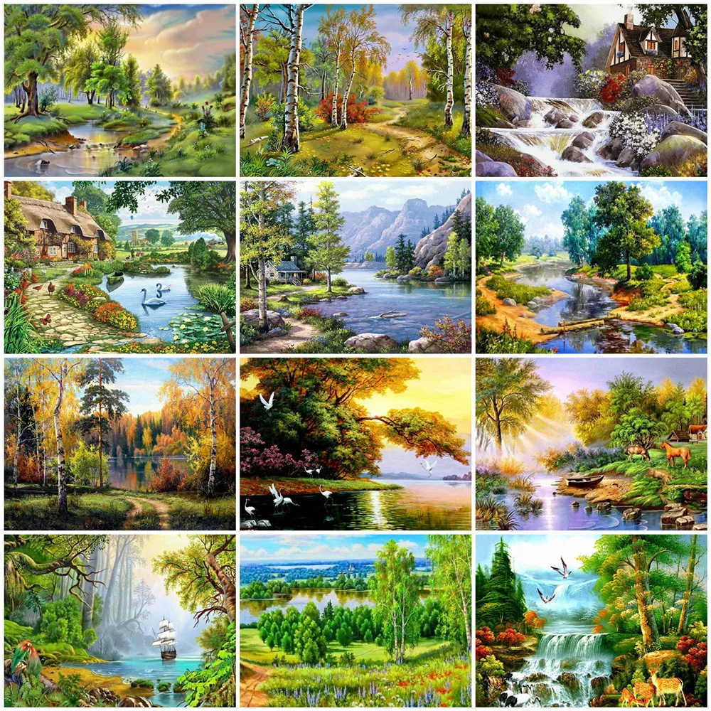 

Huacan 5D Diamond Painting Complete Kit Tree Diamond Mosaic Spring Cross Stitch Embroidery Landscape Wall Decoration
