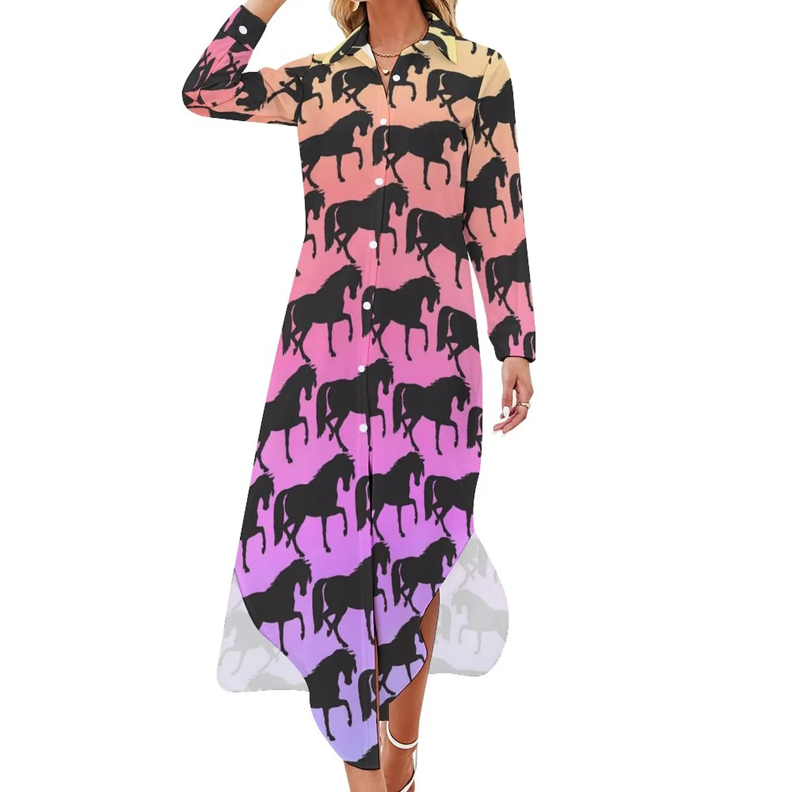 

Horse Silhouette Casual Dress Sunset Rainbow Street Fashion Dresses Sexy V Neck Chiffon Dress Long Sleeve Vestido Large Size