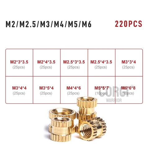 M2 M2,5 M3 M4 M5 M6 Messing Wärmeeinsatzmutter Sortiment Set heißes Schmelzenmutinsert Gewinde knurrte Doppel -Twill -Einbettung Kupfermuttern