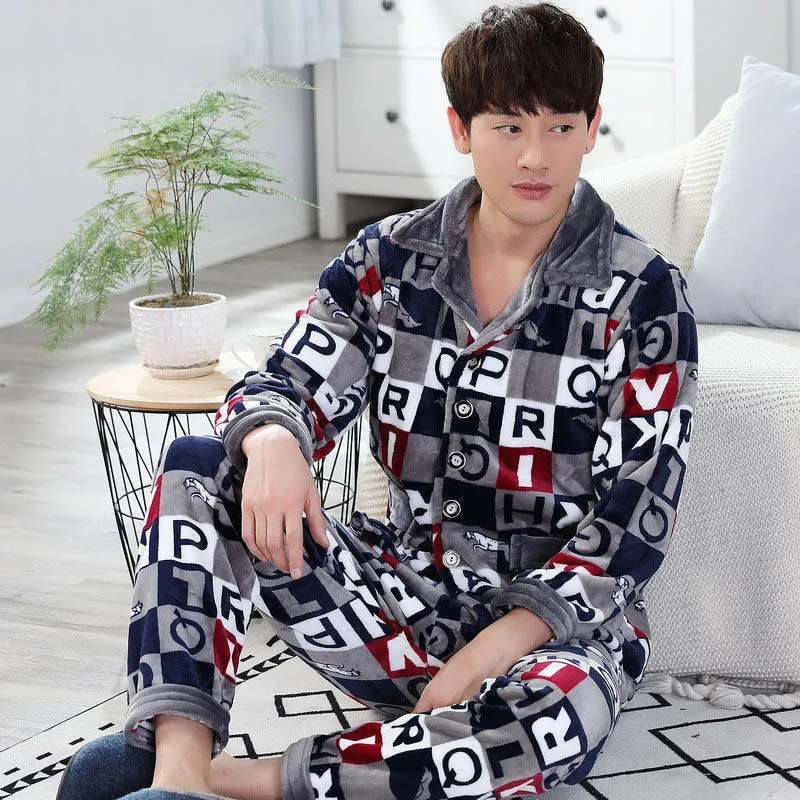Warm Plaid Pajamas Set Man Thick Sleepwear For Men Soft Comfortable Pyjama Women's Flannel Fashion Homewear Clothes Plus Size