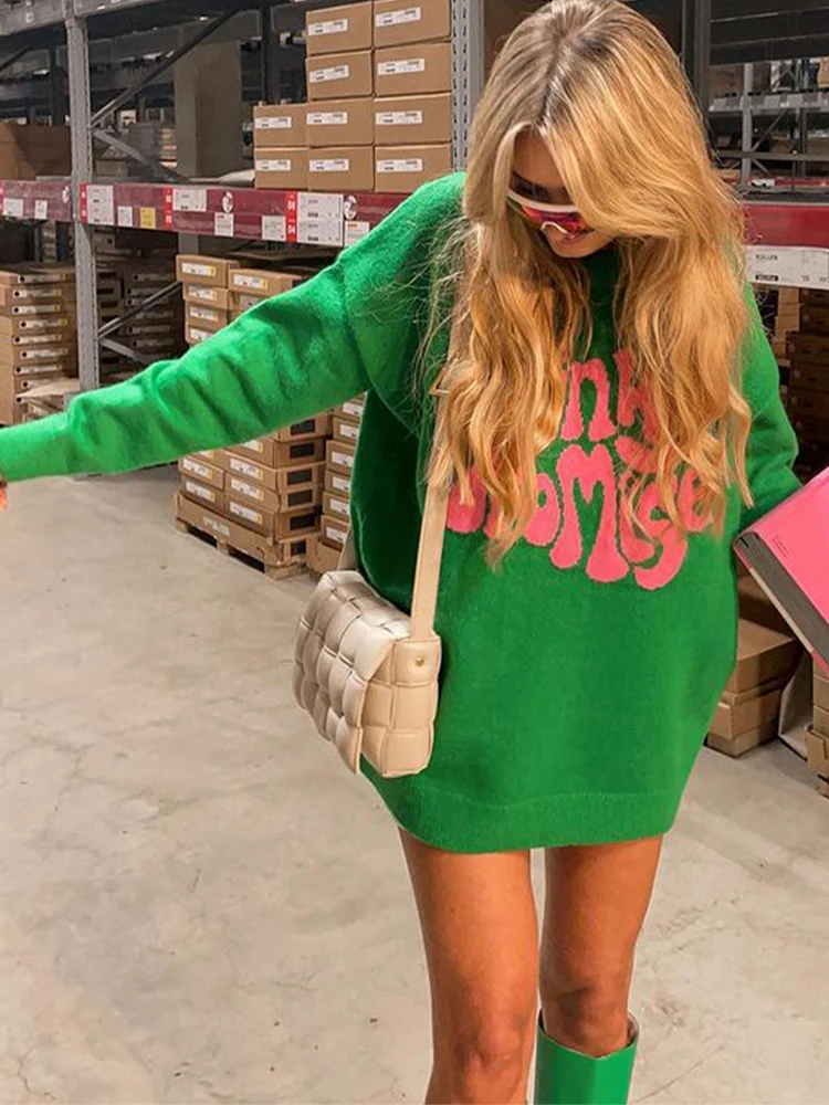 

2022 Y2K Green Knitted Women Sweater Dress Fairy Grunge Oversize Long Sleeve O Neck Mini Woman Dresses Autumn Winter