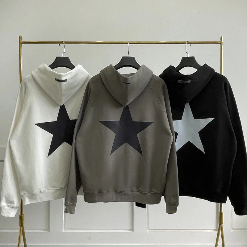 Essentials Men's Zipper Hoodie Sweatshirt Fashion Star Print Back 100% Cotton Hip Hop Unisex Coat
