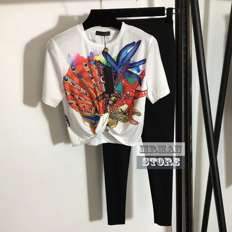 

Женский летний комплект из двух предметов, футболка с коротким рукавом и принтом морской звезды и леггинсы, комплект из 22 предметов