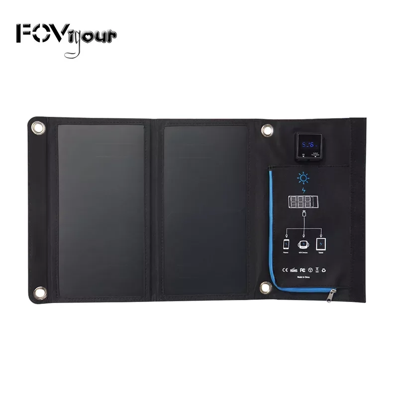 

2023New Fovigour Portable 15W Folding Waterproof Solar Panel Charger Mobile Power Bank for Phone Battery Dual Display USB Port O