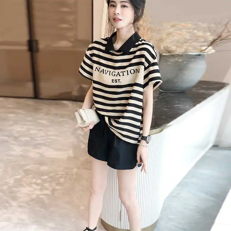 

Women's T Shirts Striped Polo Neck Shirt Button Top Flower Clothes With Collar Aesthetic High Quality V Offer Free Shipping New