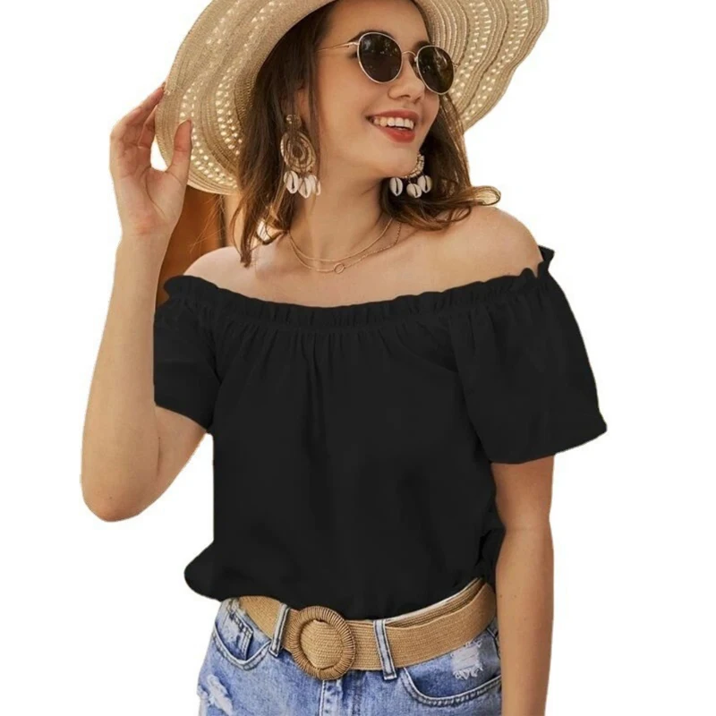 

Women Blouse Solid Color Clothes Summer Short Sleeve 2023 New Off Shoulder Ruffled Shirt Casual Loose Sweet Tops Blusas 25274