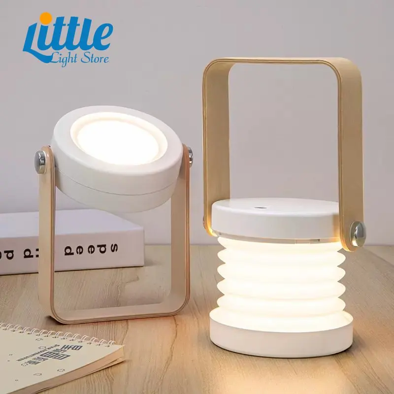 

Portable Lantern Light Retractable Bedroom Bedside Reading Lamp Foldable LED Desk Lamp Wooden Handle for Camping Tent Emergency