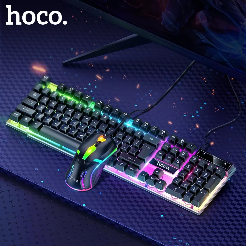 

HOCO LED Gaming Keyboard Rainbow Backlight EN RU Version 104key USB Wired Mechanical Keyboard with Mouse Set For Gamer PC Laptop