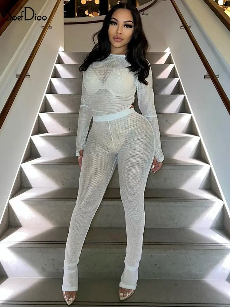 

Соблазнительный сетчатый прозрачный комплект Soefdioo из двух предметов, женский укороченный топ с длинным рукавом и брюки-карандаш с высокой ...