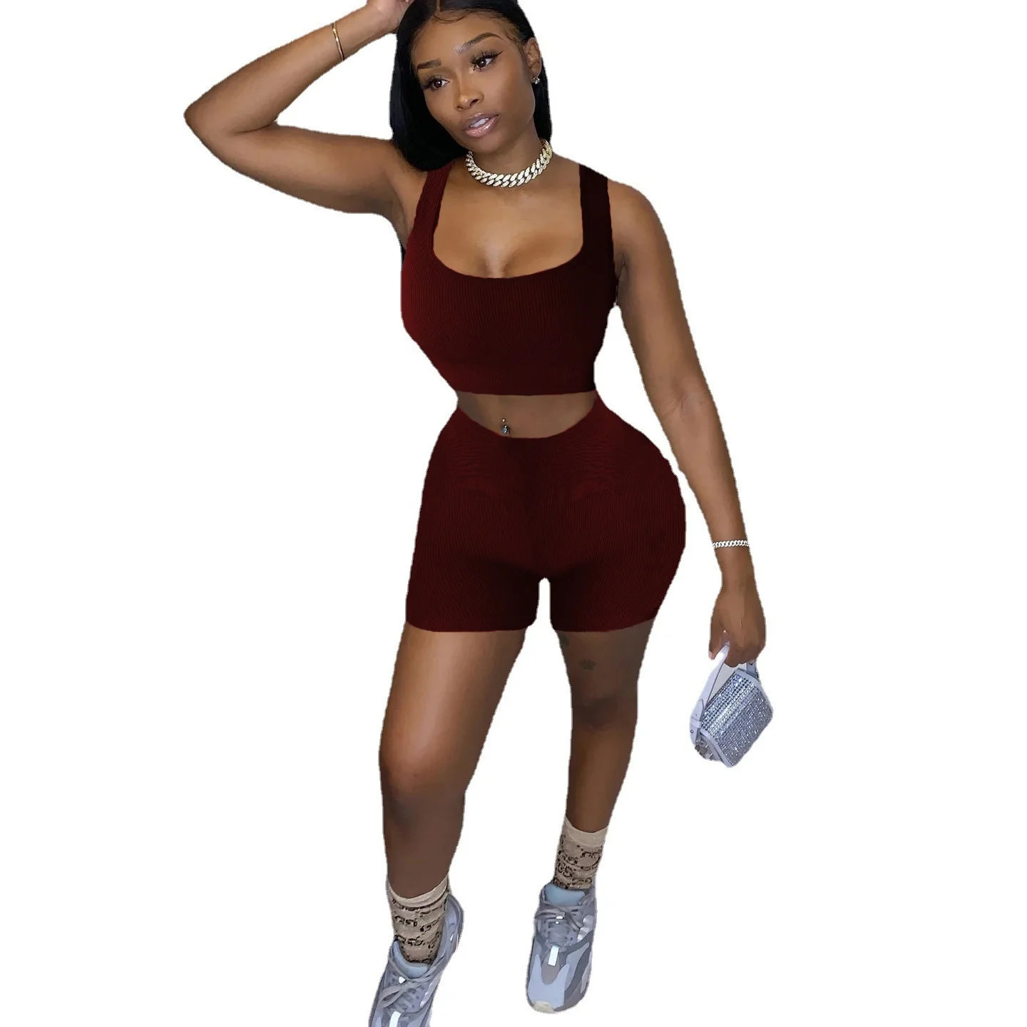 

Новый женский модный Повседневный сексуальный однотонный спортивный костюм без рукавов эластичный жилет шорты Комплект из двух предметов ...