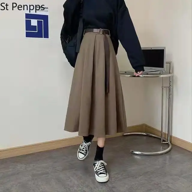 Solid Skirts Women Mid-calf High Waist Friends Korean Style Elegant College Spring Autumn All-match Jupe Mujer Faldas Female Ins | Женская
