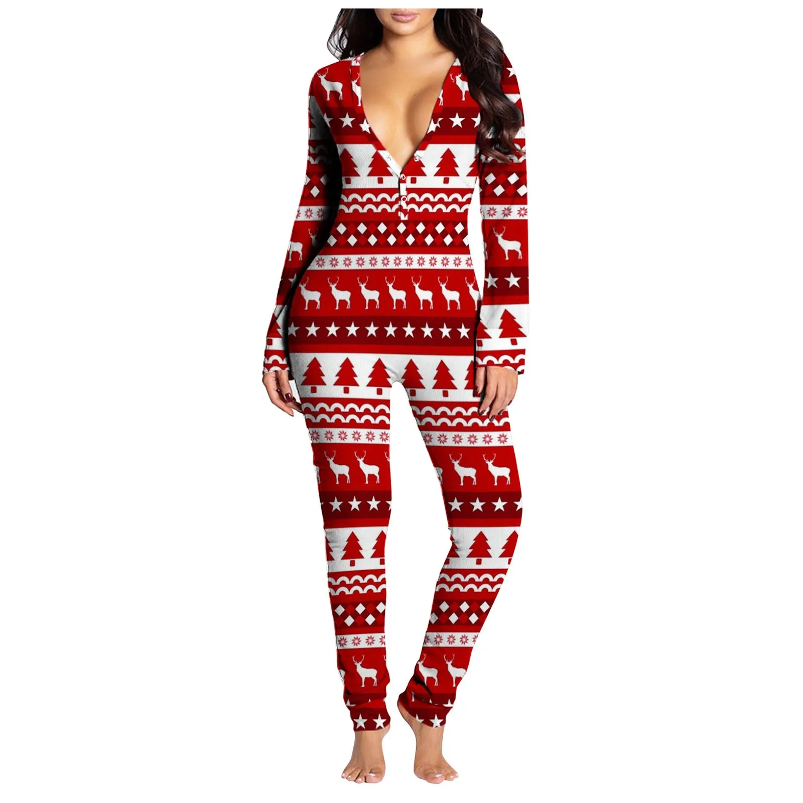 

Long Button Christmas Functional Printed Ladies Pajamas Flip Half-removable Sleeve Button Adult Women's Jumpsuit jumpsuit women