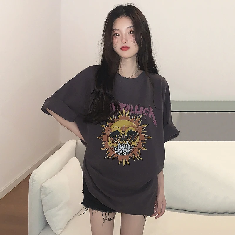 

Summer Women's Men's Short Sleeve Tees Loose Crew Neck T-shirt, Streetwear, Harajuku, Punk, Hip Hop , Flame Skull Print Tops