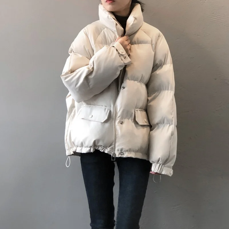 2023 Winter New Stand Collar Thickening Solid Color Bread Jackets Women Loose Down Cotton Coat Female Long Sleeve Warm Outerwear