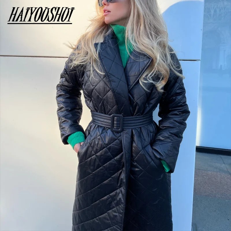 Long straight winter coat with rhombus pattern Casual sashes women parkas Deep pockets