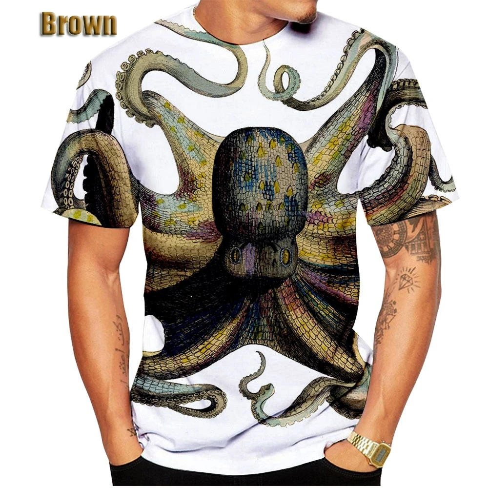 

Summer new polyester men's T-shirt 3D casual novelty octopus tentacle print creative sea monster short-sleeved men's clothing