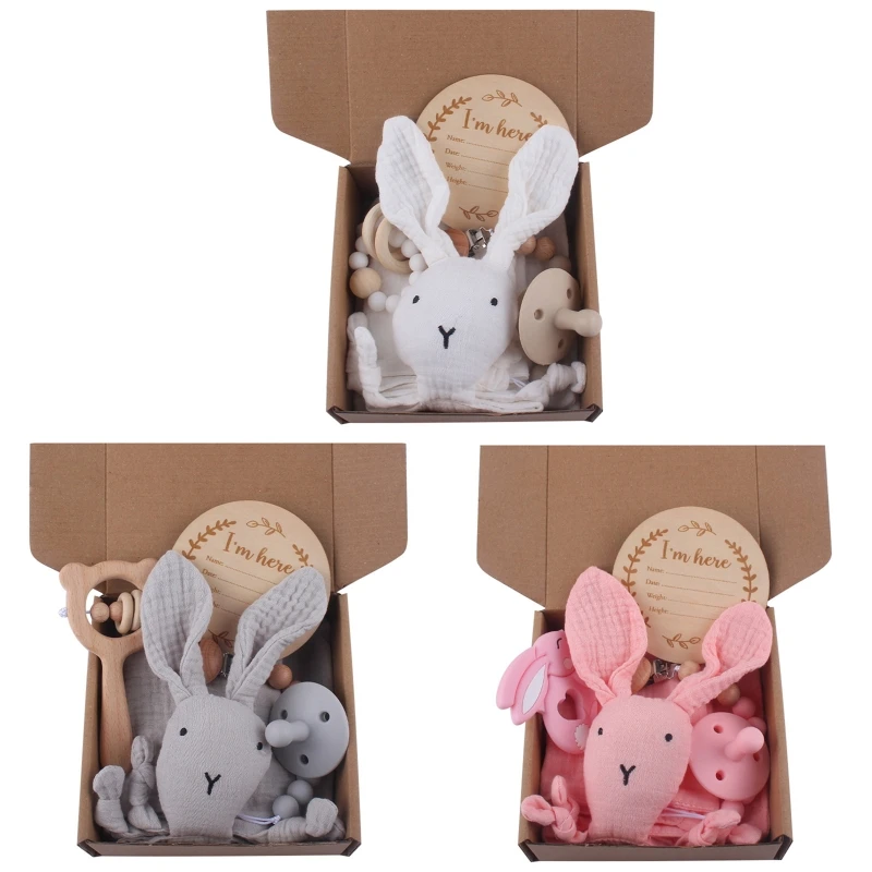

L21F Baby Gift Set Rabbit Appease Towel Baby Pacifier Teether Pacifier Chain Memorial Card Bib Kit for Infant Baby Boys Girls