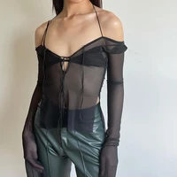 goth y2k punk mesh see through tee women cyber sexy summer halter tops lace up techwear black patchwork split clothes
